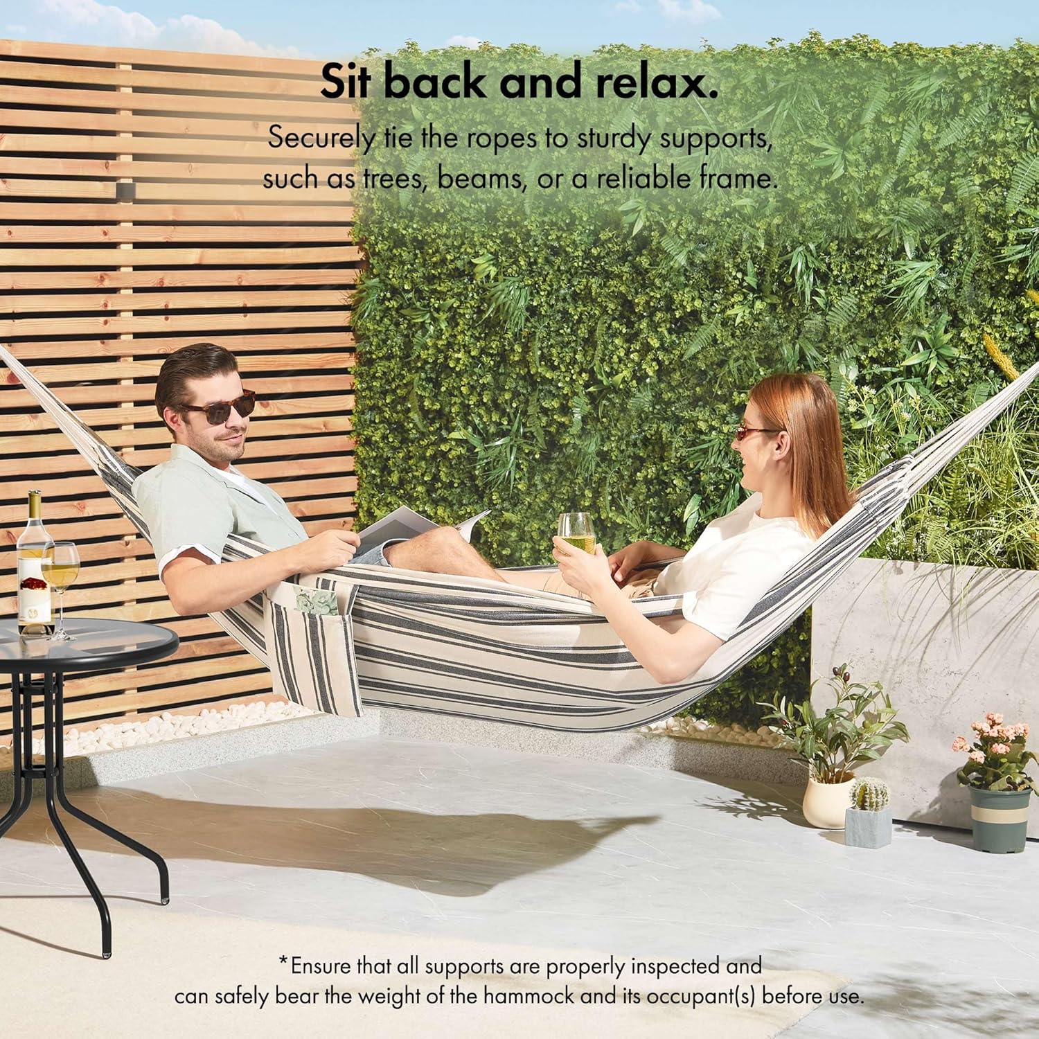 VonHaus Garden Hammock - 2 Person Striped Hammock with Rope Attachments & Storage Bag - Polycotton Portable Double with Travel Bag for Beach, Camping & Outdoors - Blue & White Stripe - Image 2