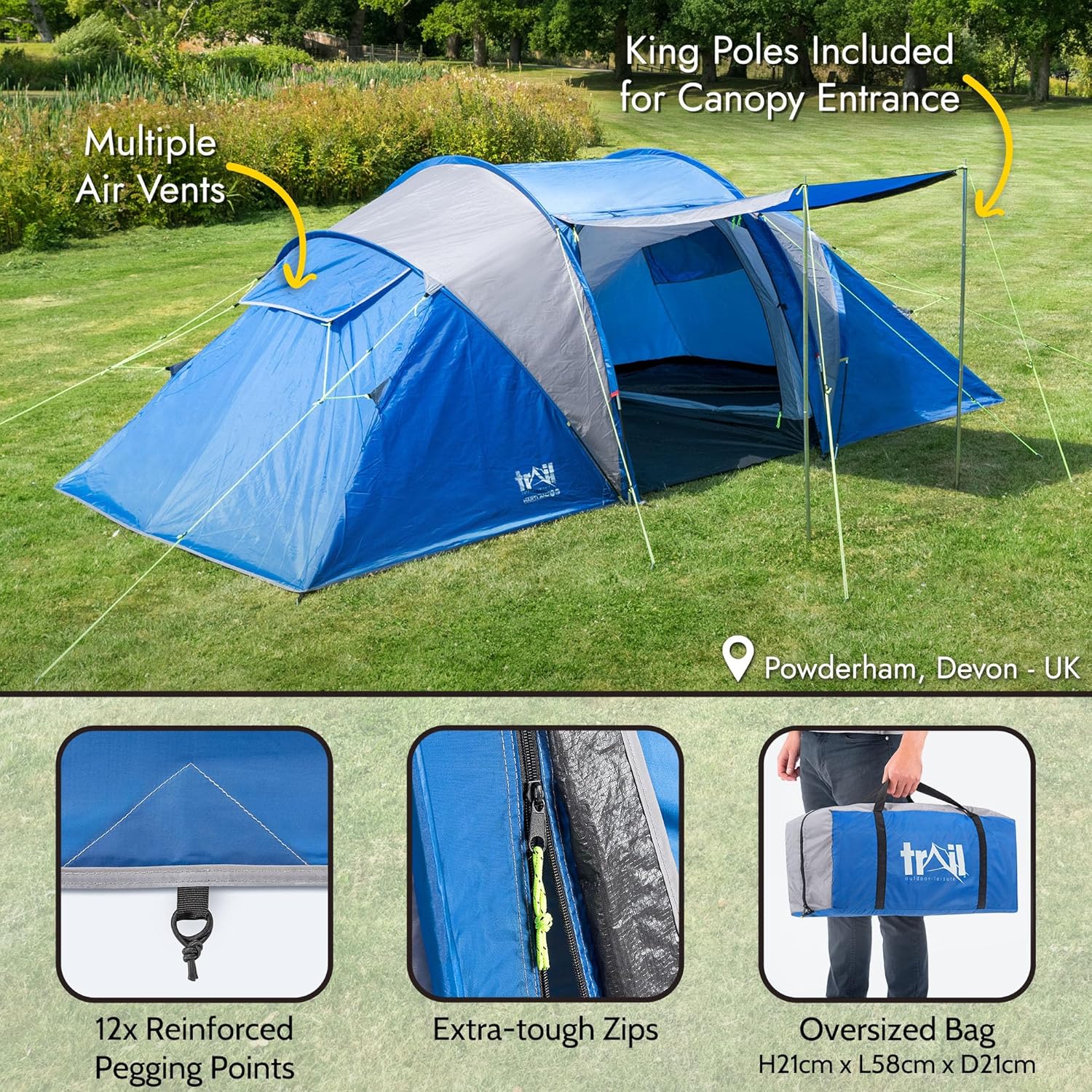 Trail Hartland 4 Man 2 Room Tent With Living Area and Awning, 3000mm Waterproof Rating, Tunnel Tent with Dark Zone Bedroom Technology, Family Camping, Bag Included (420cm x 210cm x 140/115cm) - Image 5