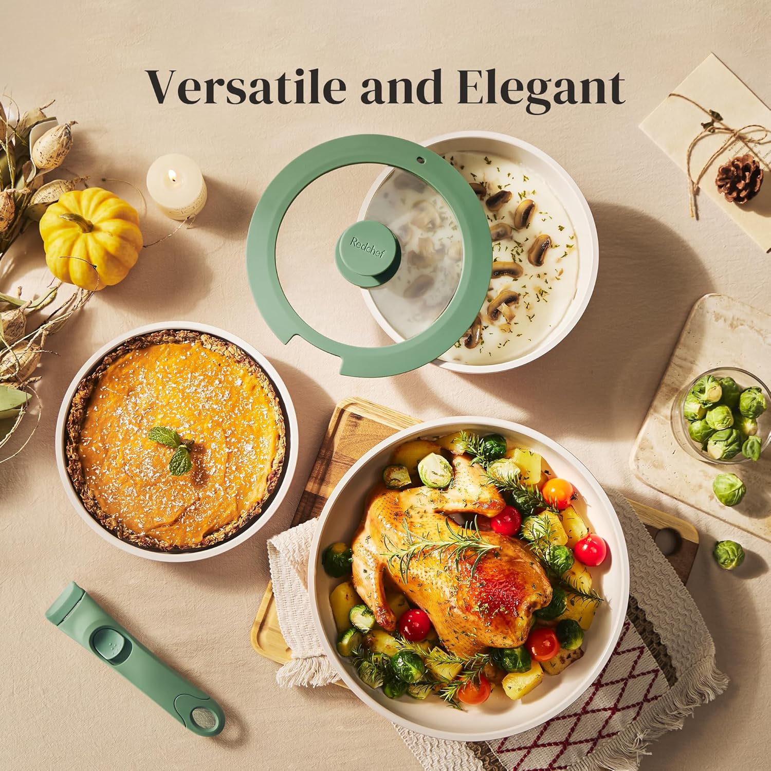 Redchef 16pcs Ceramic Pots and Pans Set Non Stick, Nonstick Cookware Set with Detachable Handle, PFAS PFOA & PTFE Free, RV Ceramic Cookware Set for Camping, Oven Safe (Green) - Image 2