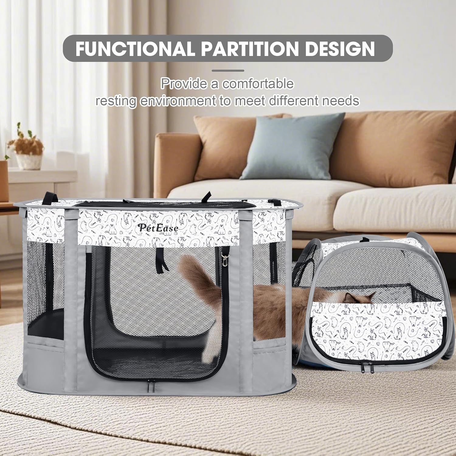 Portable Cat Playpen 2-in-1 Dog Crete, Foldable Pet Cage with Litter Box for Rabbit Puppy Hamster, Indoor/Outdoor Cats Enclosure Cages Tent - Image 6