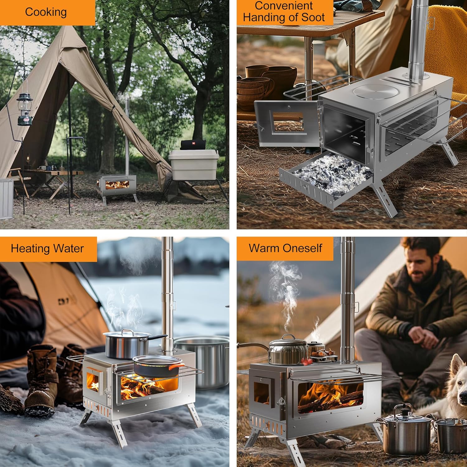 UNHO Camping Tent Stove: Portable Wood Burning Stove Stainless Steel Outdoor Cooking Heater Log Burner with 7 Chimney Pipes for Tent Shelter Garden Silver - Image 9