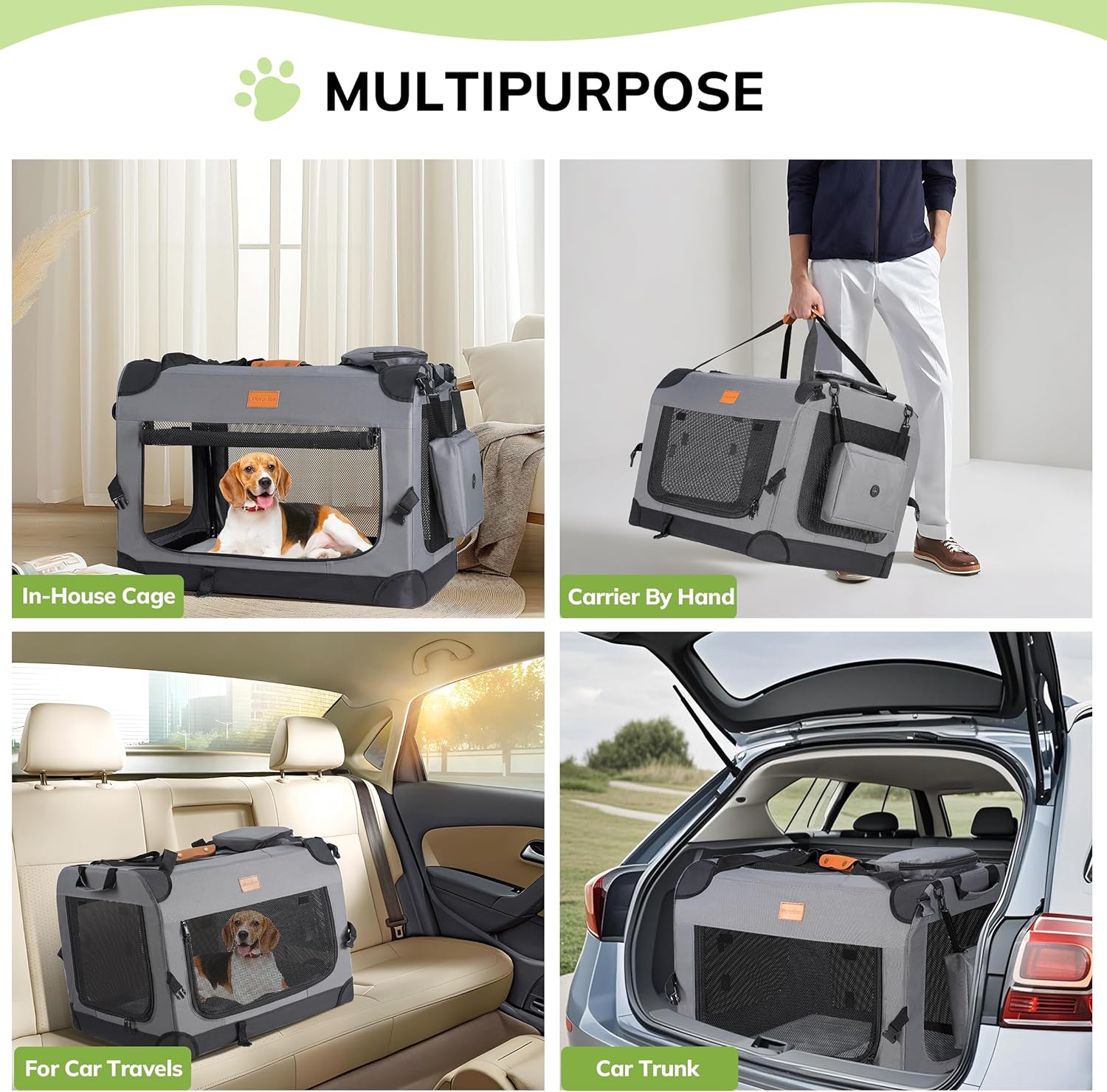 Morpilot Large Dog & Cat Carrier | Soft-Sided Pet Travel Crate, Foldable Dog Car Crate, with Collapsible Bowl, Shoulder Strap & Storage Pockets, M, Grey, (Max 12kg) - Image 5