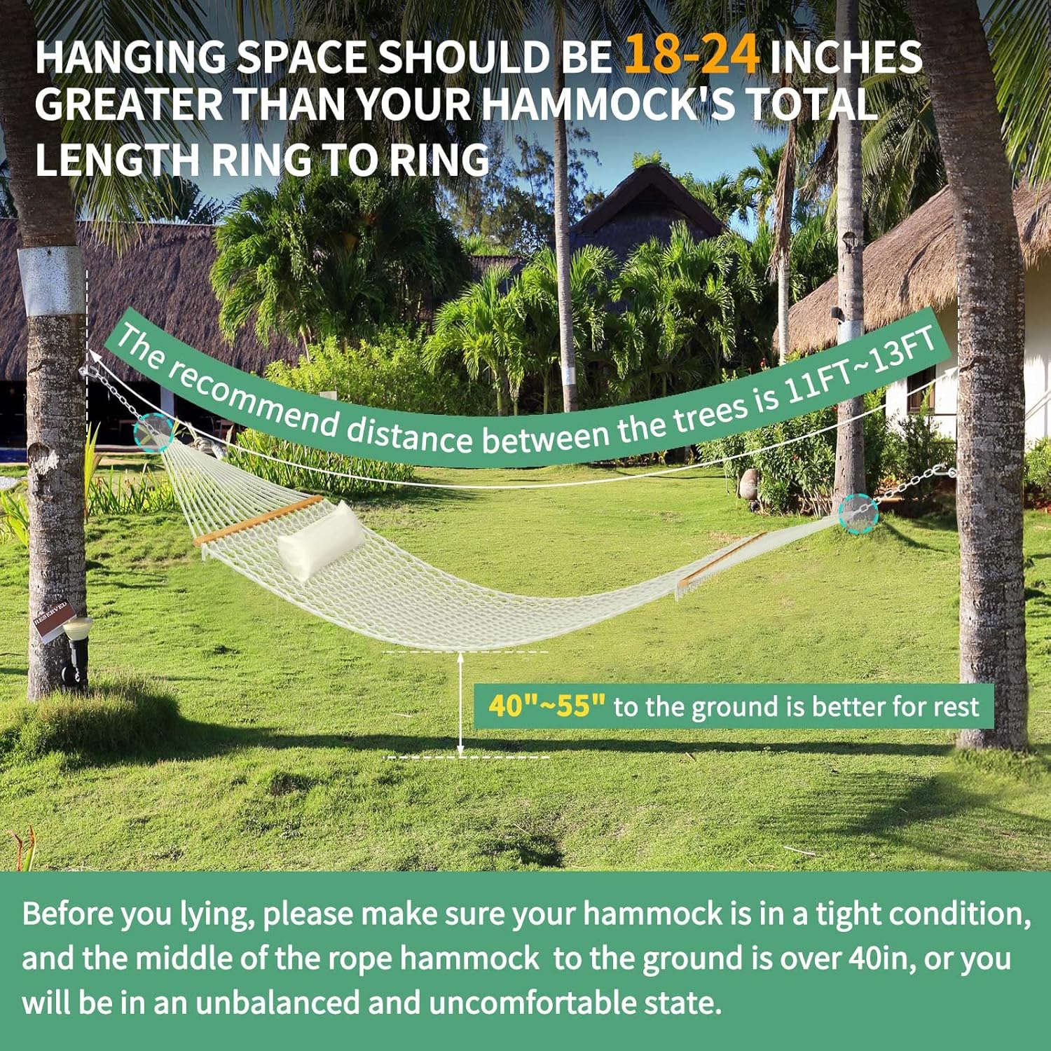 13FT Hammocks, Traditional Hand Woven Cotton Rope Hammock with Free Extension Chains for Outdoor Indoor Patio Yard 450 LSB Capacity for Two Person (Natural) - Image 2