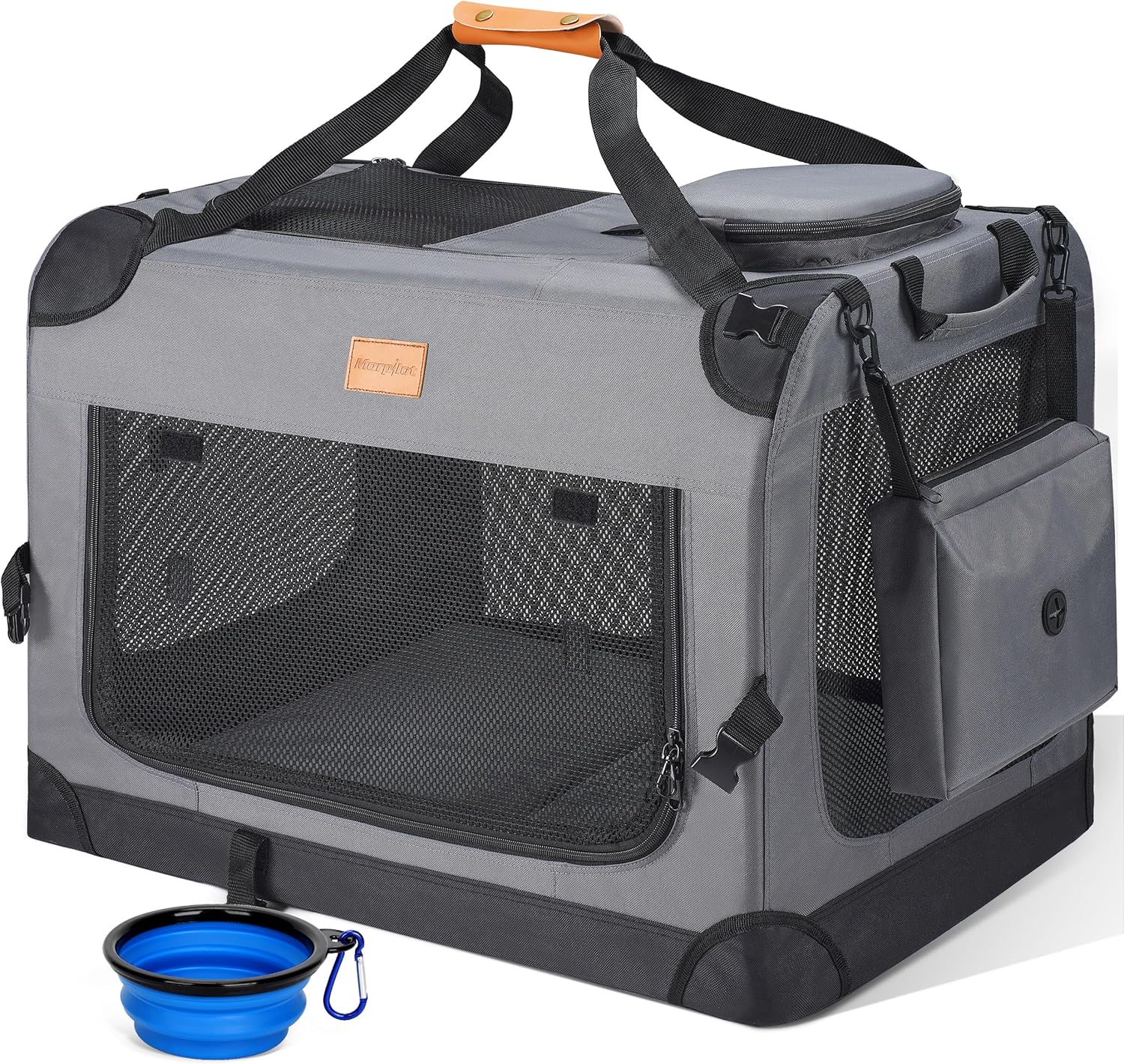 Morpilot Large Dog & Cat Carrier | Soft-Sided Pet Travel Crate, Foldable Dog Car Crate, with Collapsible Bowl, Shoulder Strap & Storage Pockets, M, Grey, (Max 12kg)