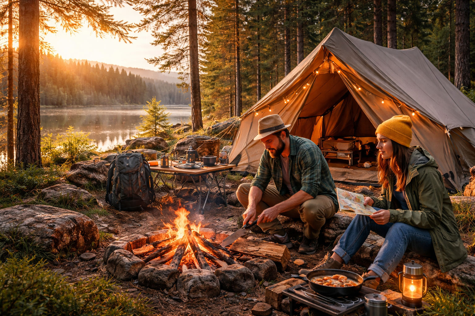 Camping setup with tent, chairs, lights, and outdoor essentials